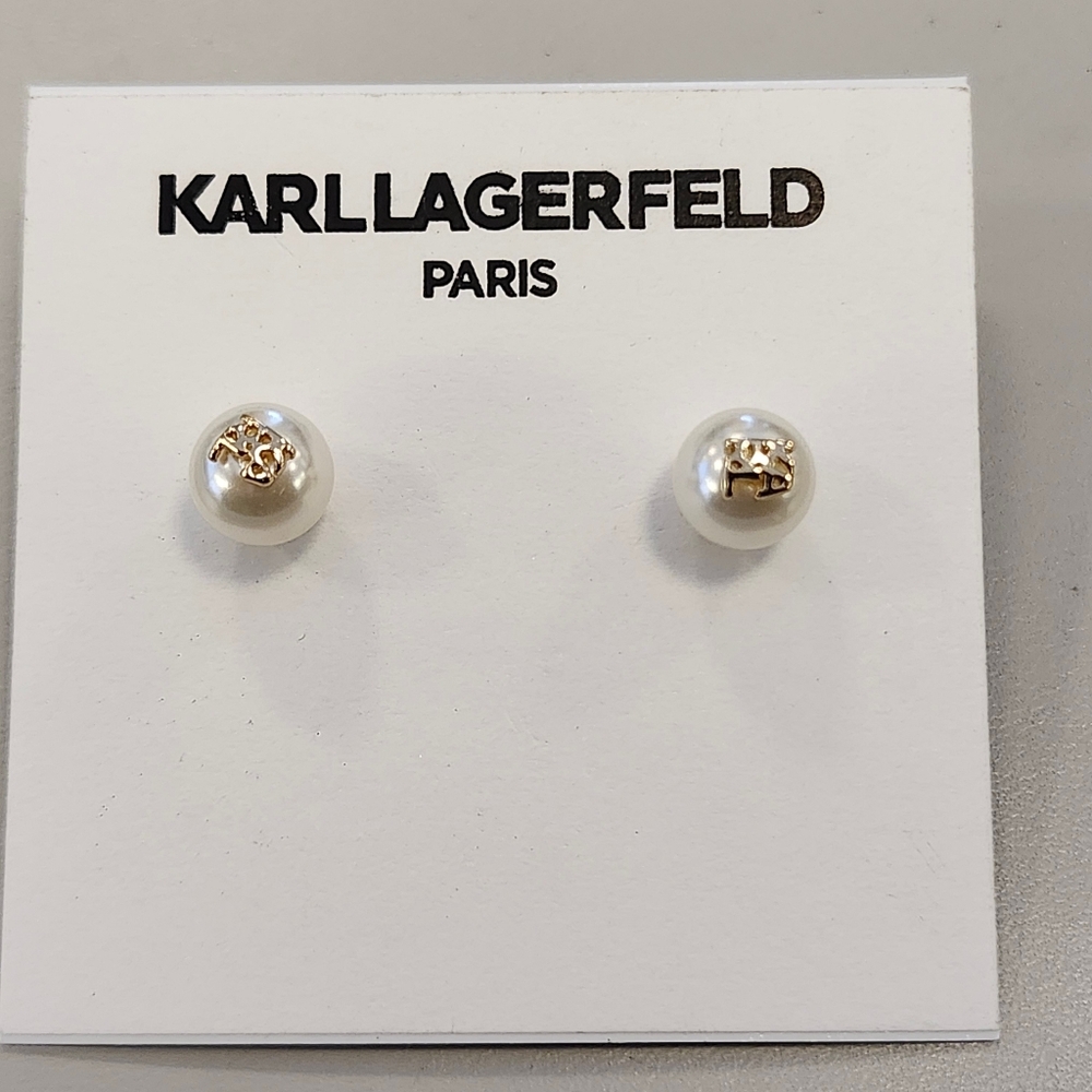 NWT Karl Lagerfeld Gold-Tone Imitation Pearl Logo Stud Earrings